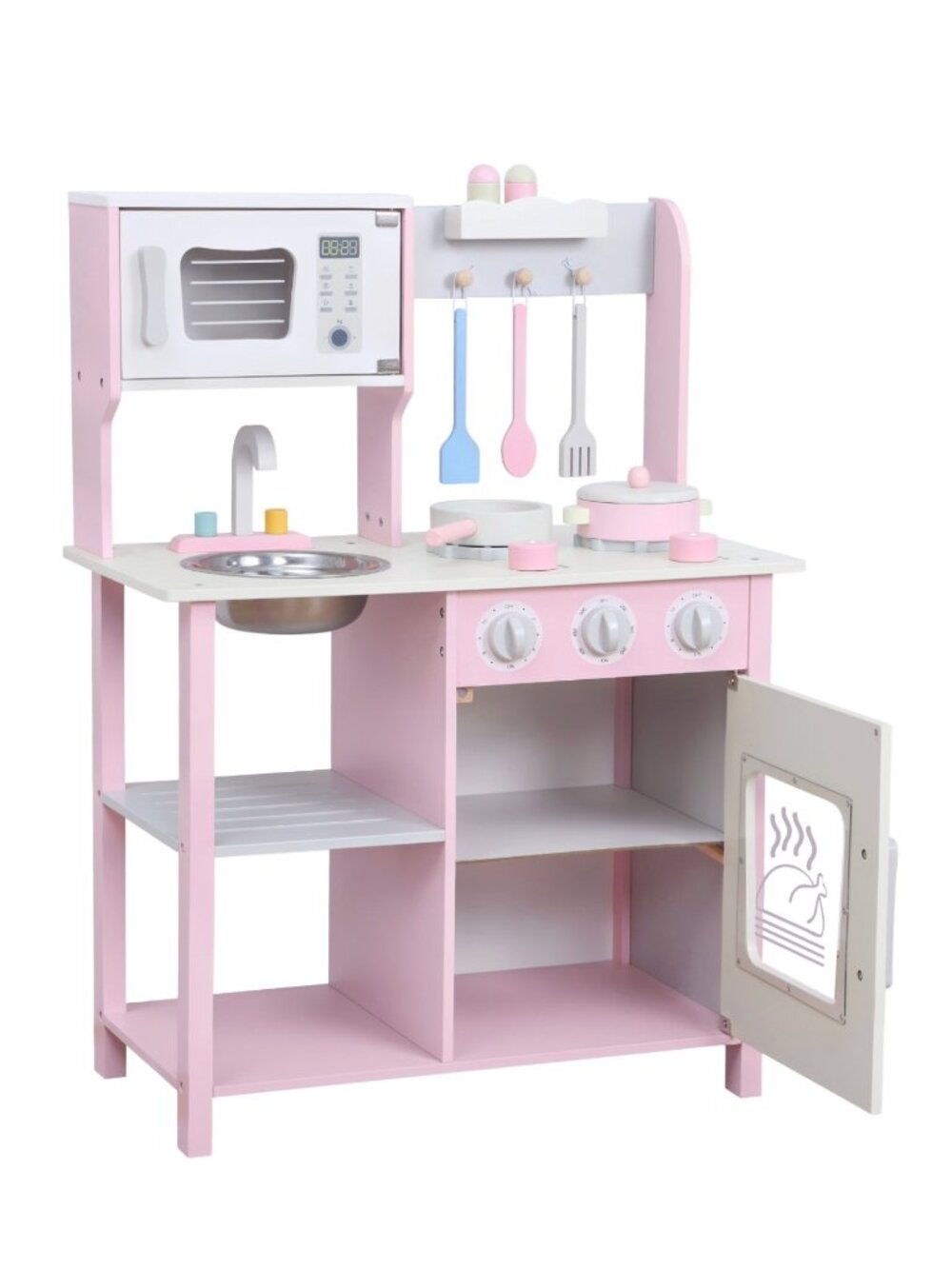 Kids Wooden Play Kitchen Set, Pink Pretend Cooking Toy with Accessories - Picture 7 of 16